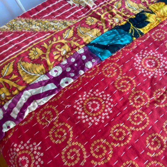 Vgt 90s Handmade Hand Block Stitch Indian Kantha Quilt Queen Bedspread Marigold - Picture 6 of 10